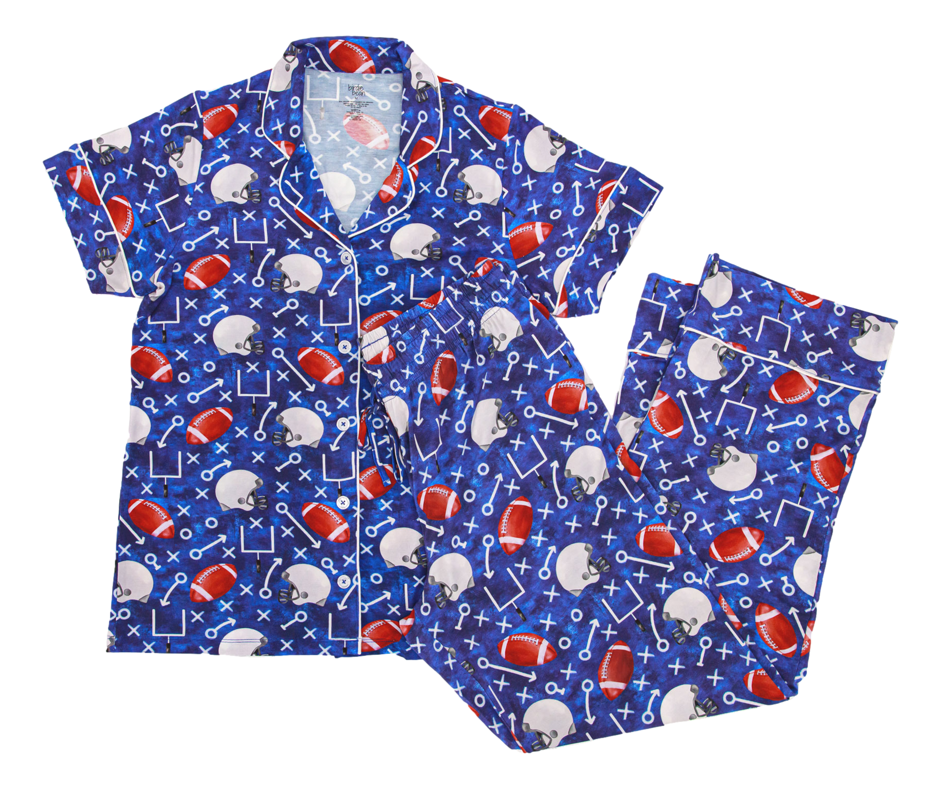 Blue women's bamboo pajama set with sports-themed print